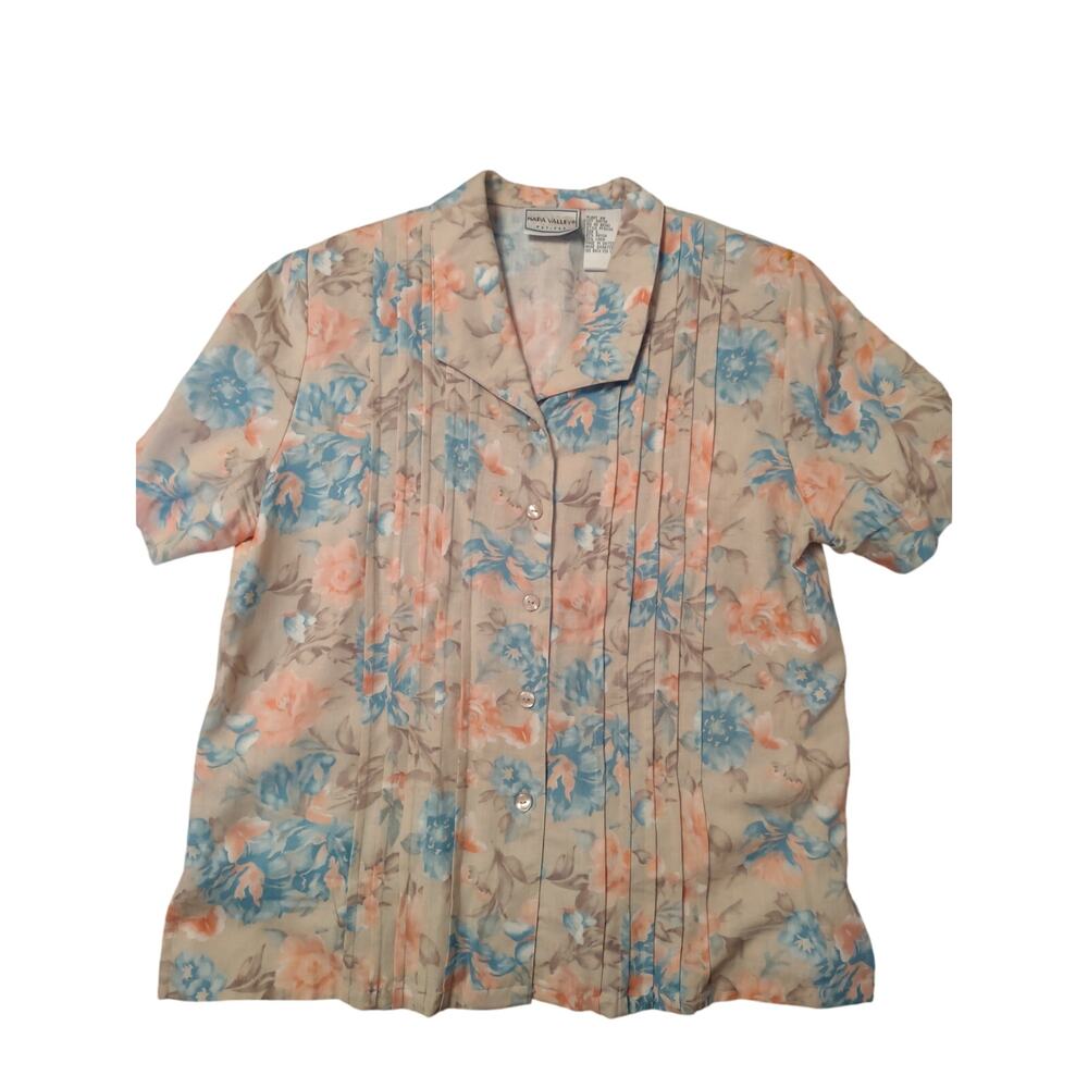 American Vintage Floral Blouse Linen Small Boxy Classic Causal 80s‎ Lightweight